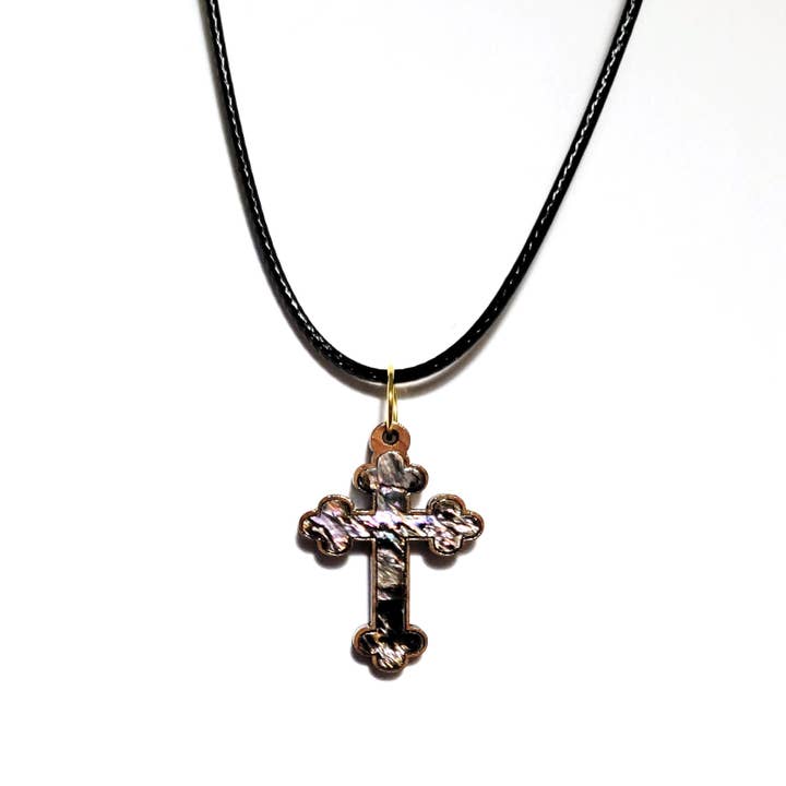 Eclectic Woodchuck - Wholesale Pendant/Charm Necklace - Bottoni Cross Abalone and Olive Wood Pendant