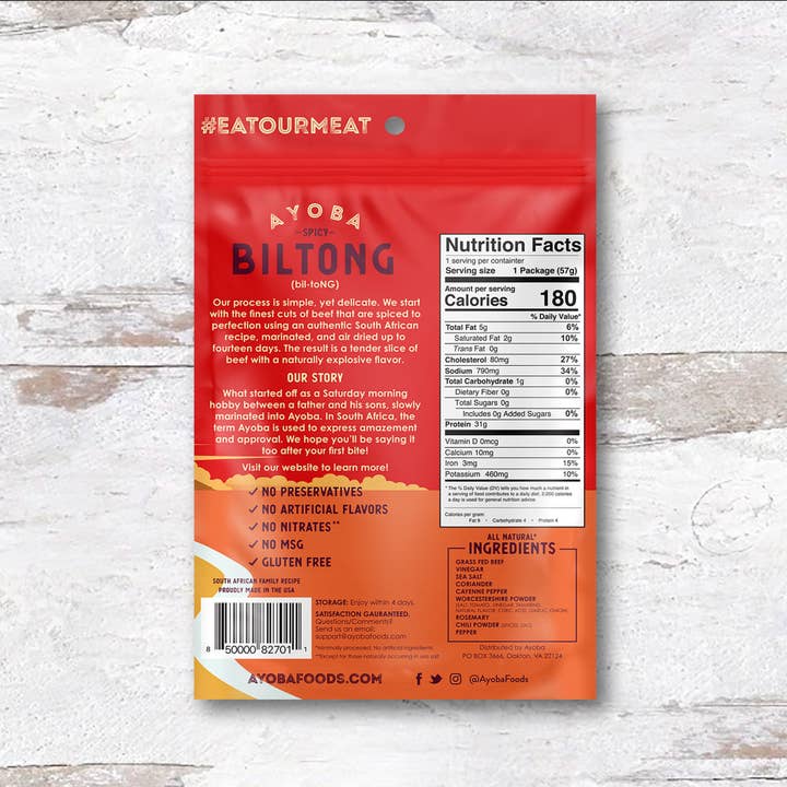 Ayoba - Wholesale Jerky - Spicy Grass Fed Beef Biltong 2oz