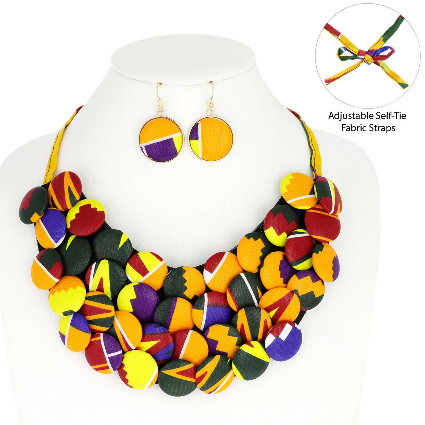 SP Sophia Collection - Wholesale Jewelry Set - African Print Fabric Button Bib Necklace & Earring Set3