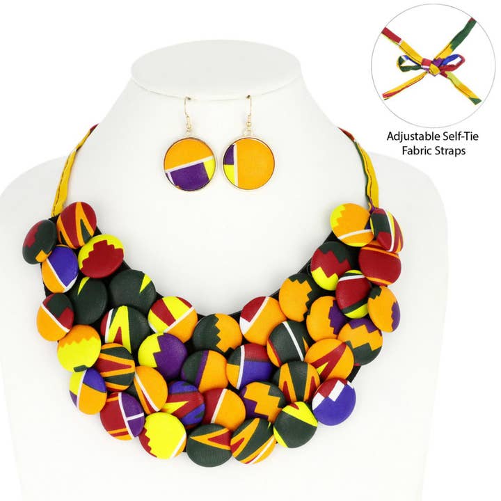SP Sophia Collection - Wholesale Jewelry Set - African Print Fabric Button Bib Necklace & Earring Set3