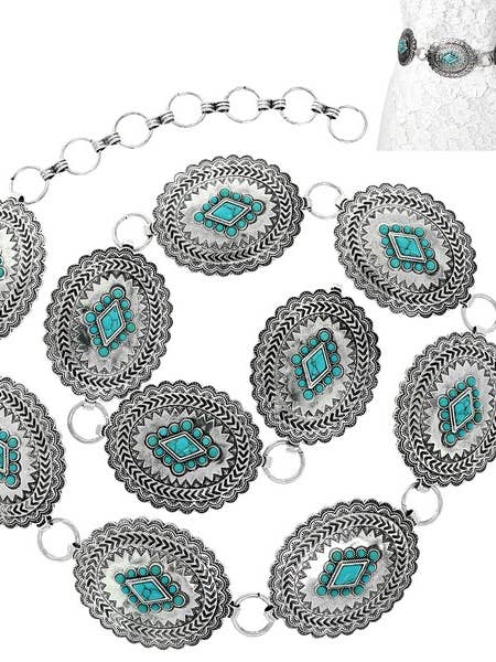 WESTERN TURQUOISE OVAL CONCHO CHAIN LINK BELT BT14609 for wholesale by anbfashion