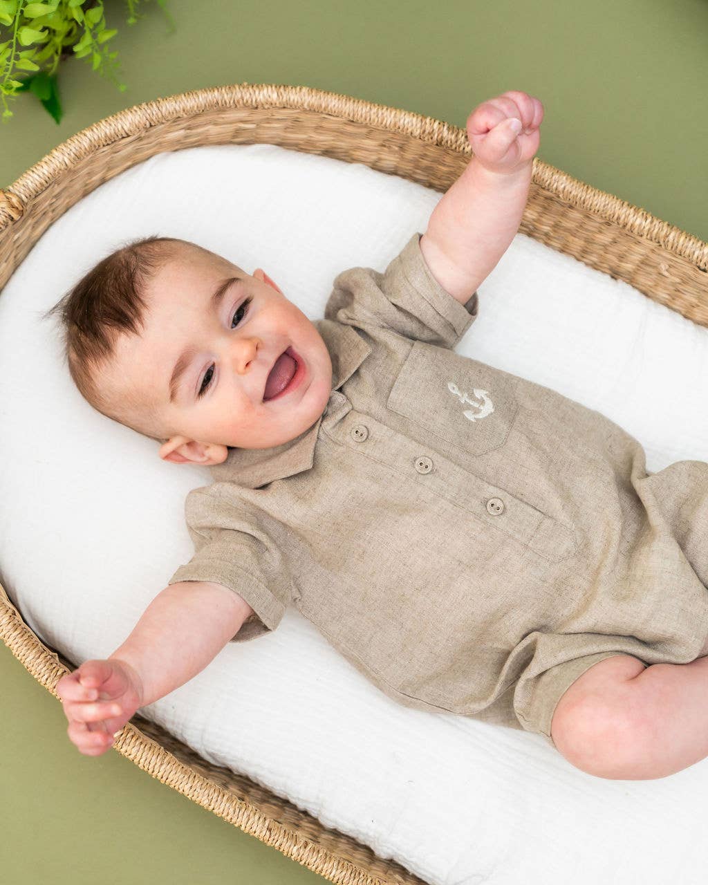 Riley Anchor Baby Romper (Natural Linen Blend) for wholesale on Faire7