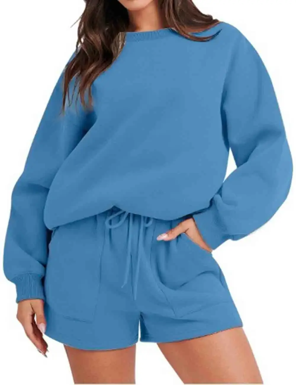 Sweetkama - Wholesale Lounge Set - Women's - Ladies Solid Color Long Sleeves Sweatshirt & Shorts Set10