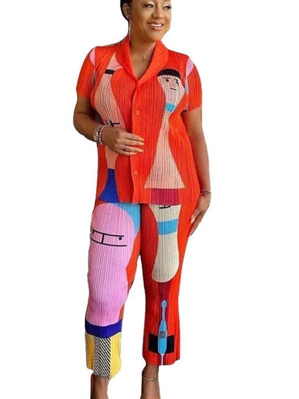 Aria Romance - Wholesale Top & Pant Set (NOT Loungewear) - Women's - Small Print Short Sleeve Shirt Pleated Suit Woman