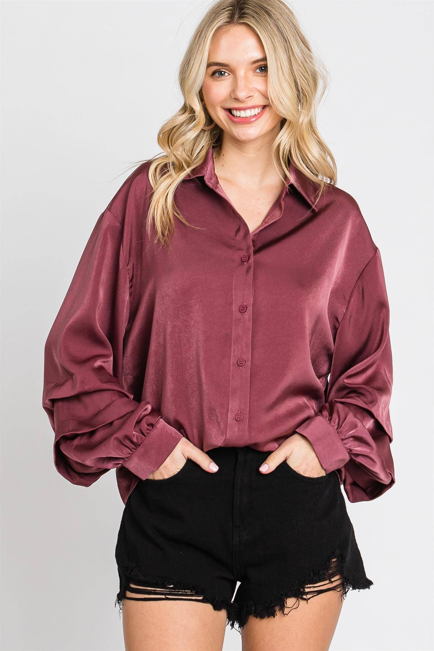 GeeGee x Lovelo - Venta al por mayor Camisa con botones - Mujer - Blusa de satén liso Plus, ST1934PL5