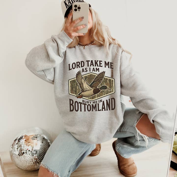 Bury Me In Bottomland | Camo | Duck | Grey Sweatshirt for wholesale by The American Honey