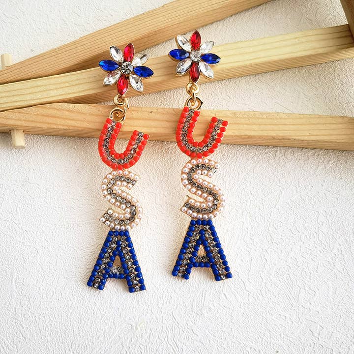 Wholesalesir - Wholesale Dangle Earrings - Alloy Set Rice Bead Earrings With Letters USA Earrings