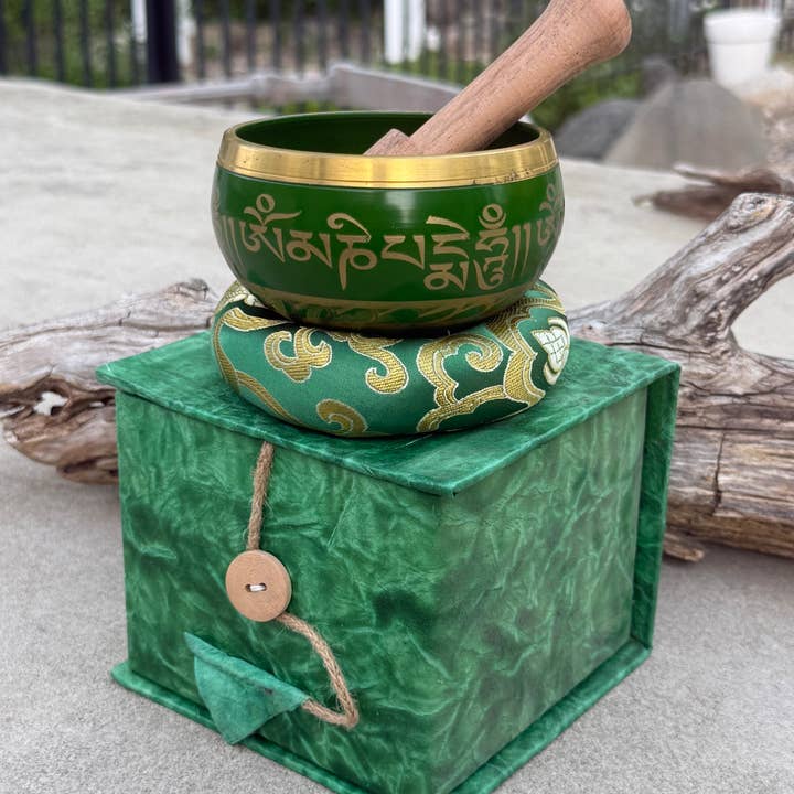 Lungta Imports - Wholesale Meditation Supplies - Tibetan Complete Singing Bowl Gift Box Set with OM Mani Padme Hum Etched Bowl13