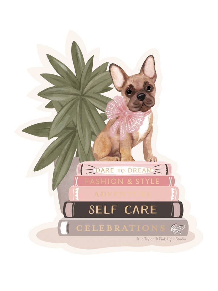 Frenchie Sitting On Pile Of Books Sticker for wholesale by Willow & Ivy Press