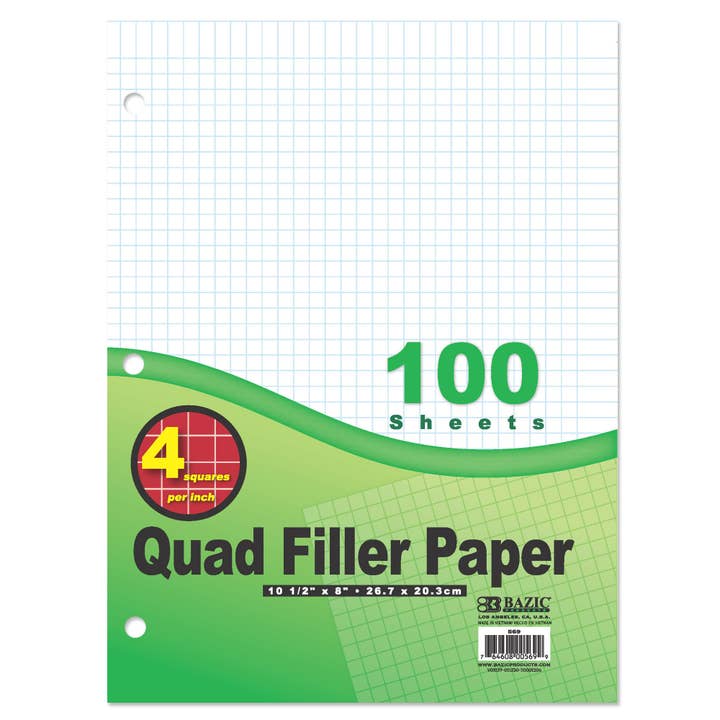 BAZIC Products - Wholesale Notepad - Filler Paper 4-1" Quad-Ruled 100 Ct.