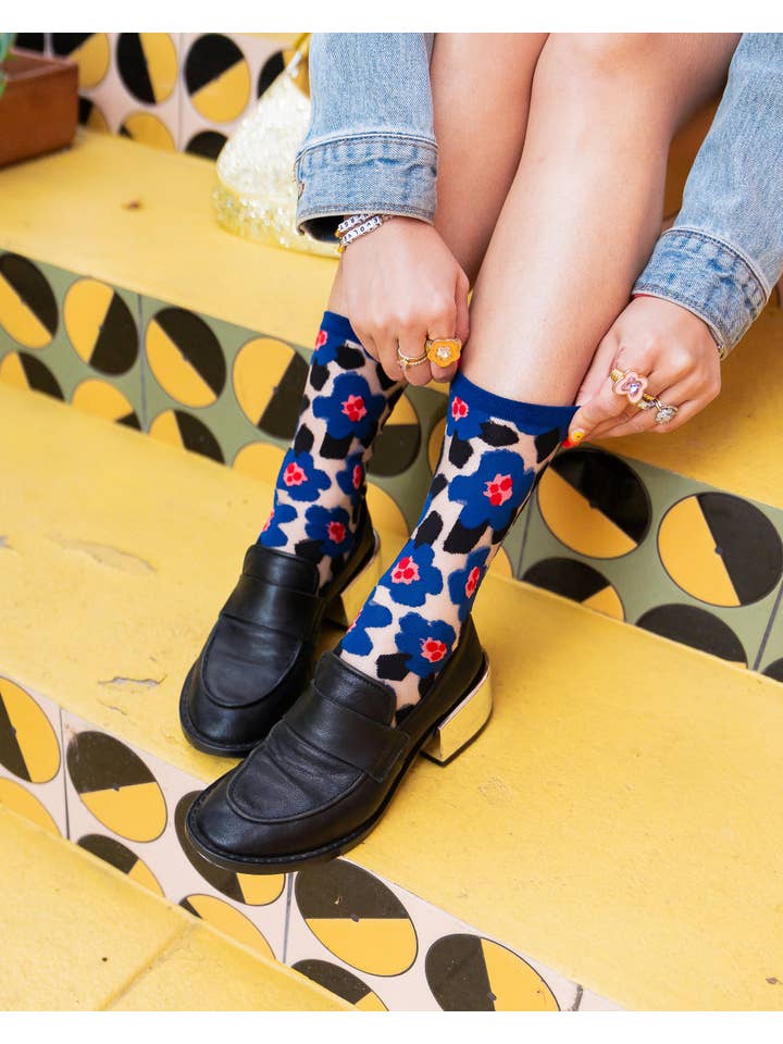 Sock Candy - Wholesale Socks - Women's - Bold Blue Floral Sheer Crew Sock