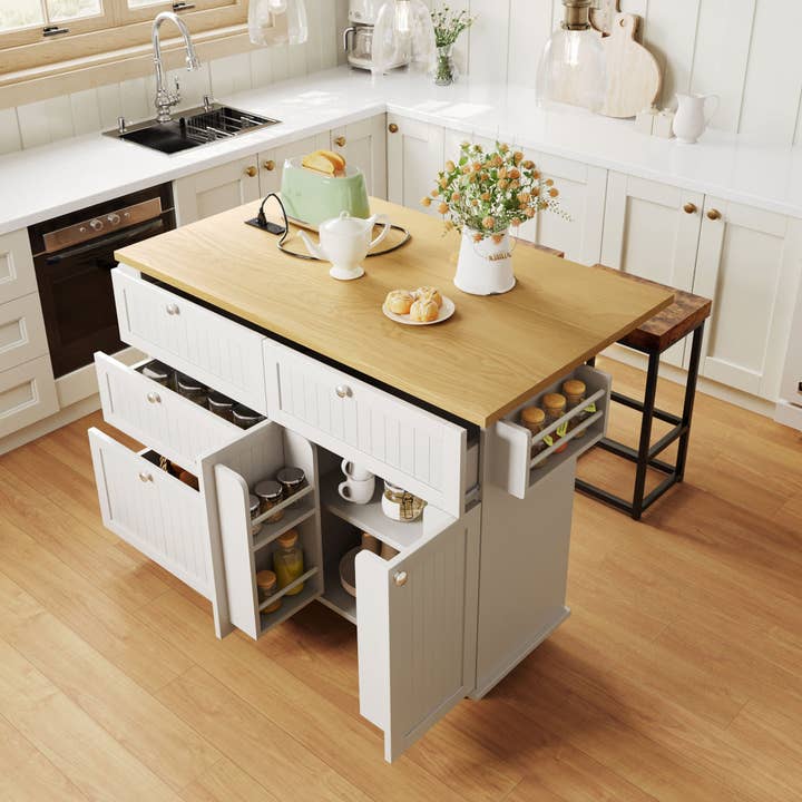Farmhouse Kitchen Island with Drop Leaf and 2 Seatings for wholesale by VTNG50