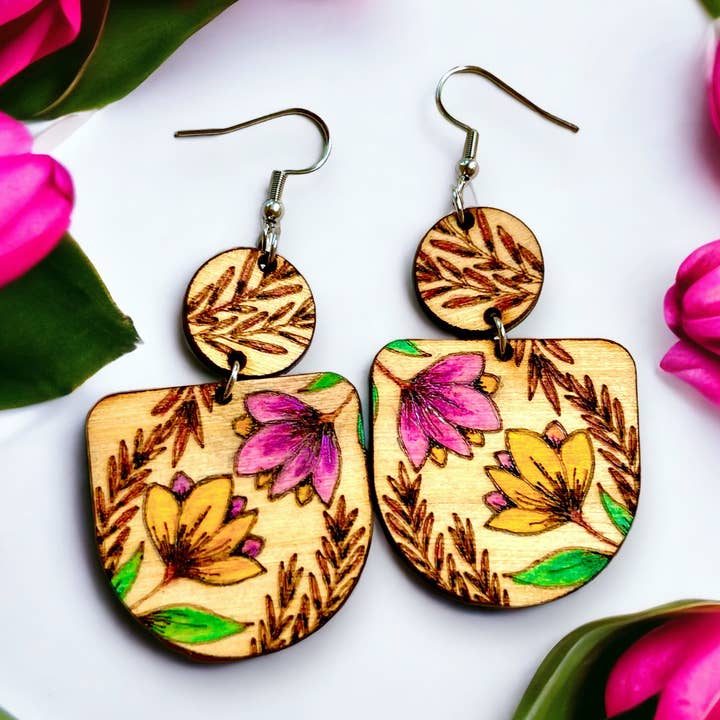 Floral wood dangle earrings for wholesale by Stardust & Serendipity