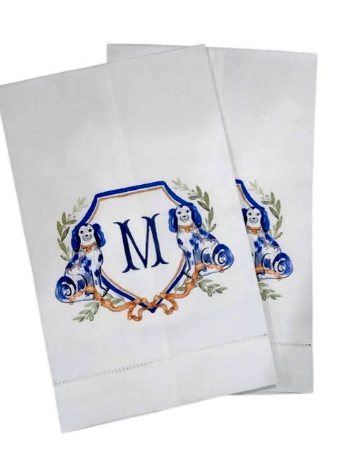 Monogram Fishtail w/ Dogs Linen Hemstitch Guest Towel for wholesale by The French Bee & Co