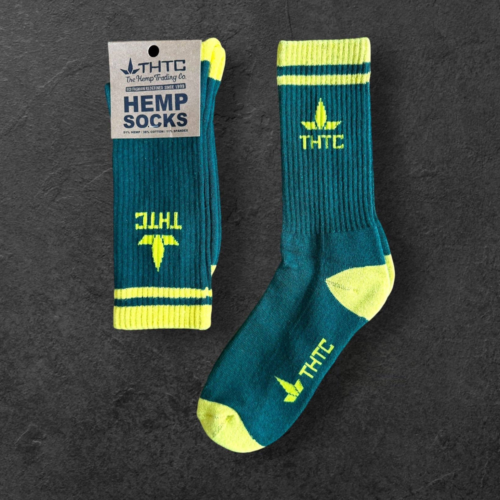 Bottle Green THTC logo Hemp Socks for wholesale on Faire2