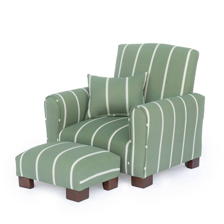 Green Stripe Toddler Armchair with Footstool and Pillow for wholesale by The Rose Hill Company