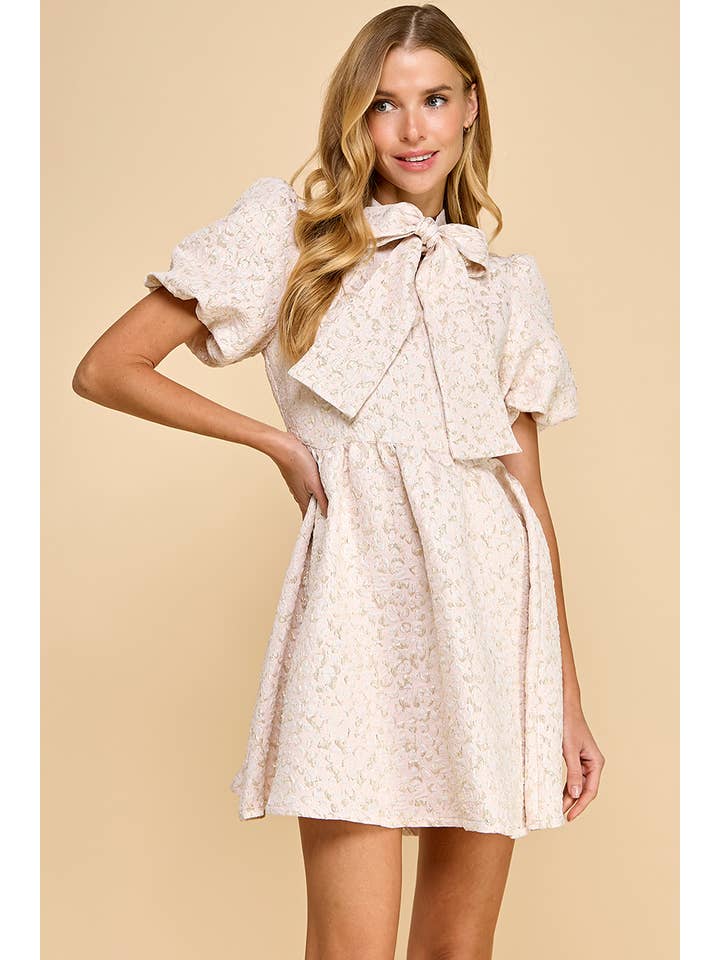 TCEC - Wholesale Dress - Women's - CD05250-Jacquard Puff Sleeve Pussy Bow Detail Dress