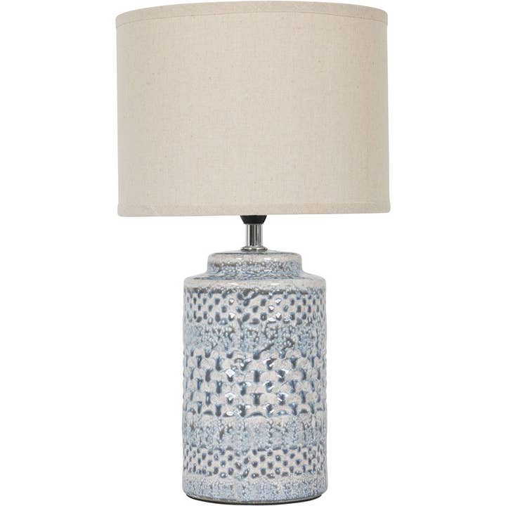 The Libra Company - Wholesale Accent/Desk Lamp - Stormy Sky Glaze Table Lamp with Cream Drum ShadeBrass and Agate Lamp Base - (Not available in USA)