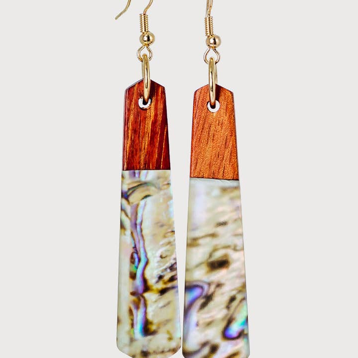 Jamie Handcrafted Wood & Abalone Dangle Earrings for wholesale by Wooden Element UK