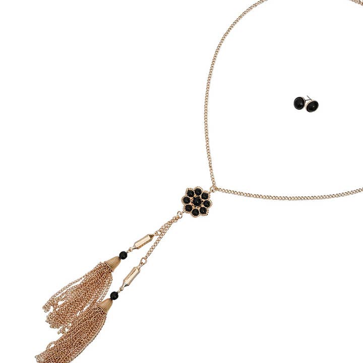 Long Gold Tassel Necklace with Black Flower for wholesale by PinktownUSA