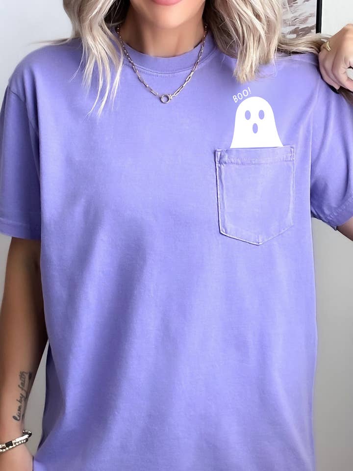 Refinery Number One LLC - Wholesale Screen Printed T-Shirt - Women's - Boo Ghost Halloween Pocket, Cute, Skeleton, Ghost Tee4