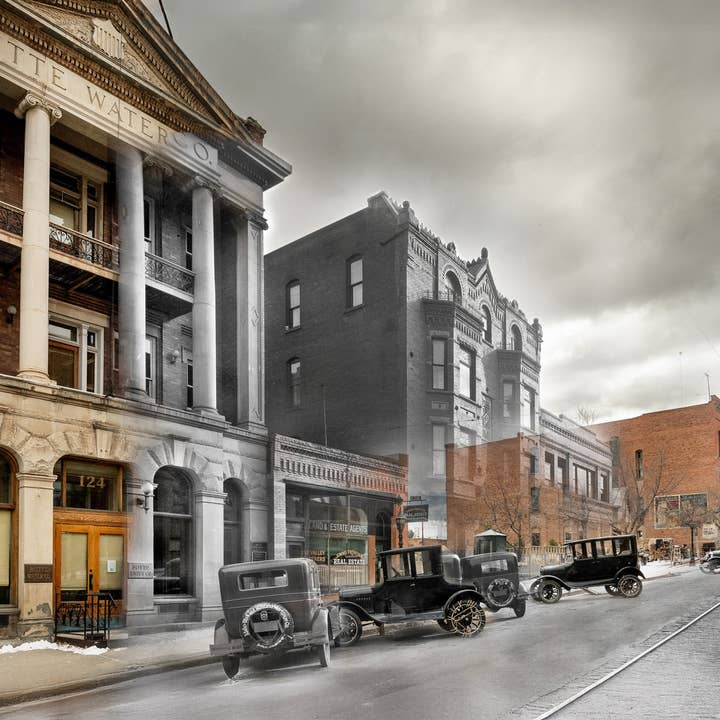 Vintage Car Art Print | Then & Now 1923 Show | Butte Montana for wholesale by Time Travel Art