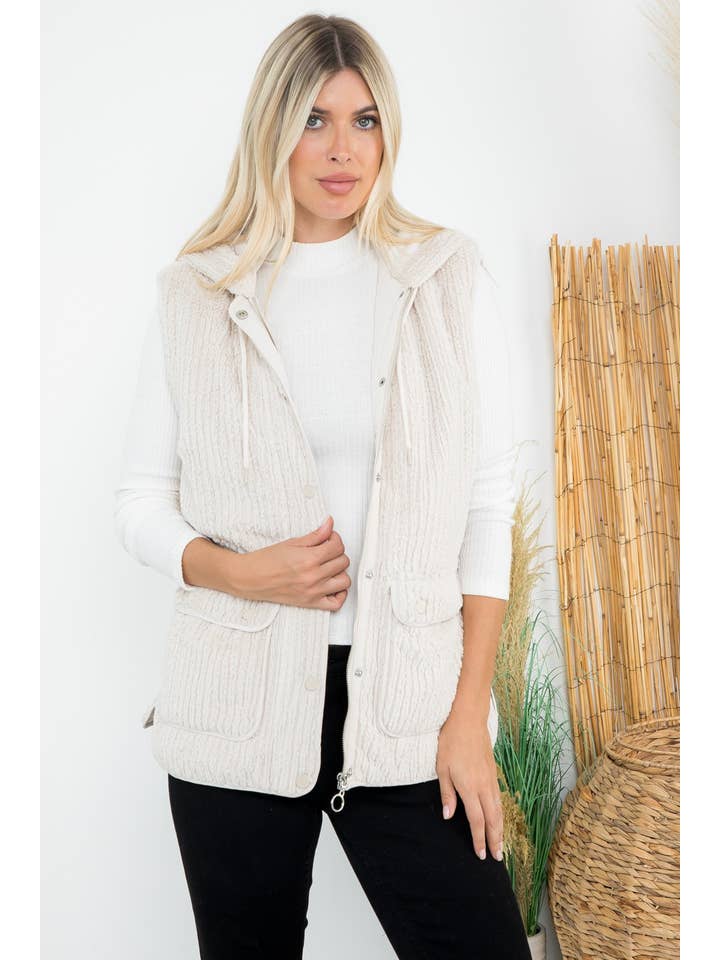 Lt Tan Textured Faux Fur Quilted Line Hoodie Vest for wholesale on Faire