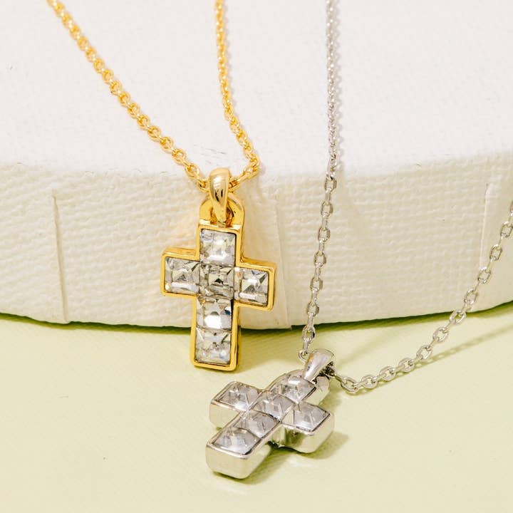 Secret Box Gold Dipped Square Cz Cross Pendant Necklace for wholesale by Fame Accessories