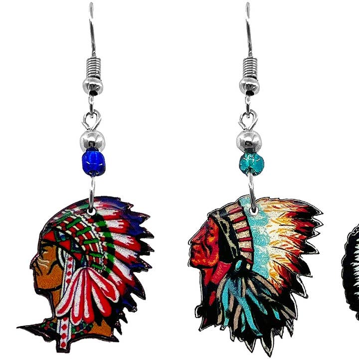 Acrylic Indian Chief Native Inspired Dangle Earrings for wholesale by Pichincha