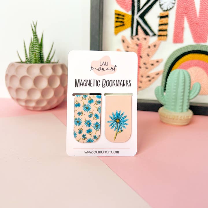 Lau Monart - Wholesale Bookmark - Little Blue Flowers Watercolor Magnetic Bookmarks