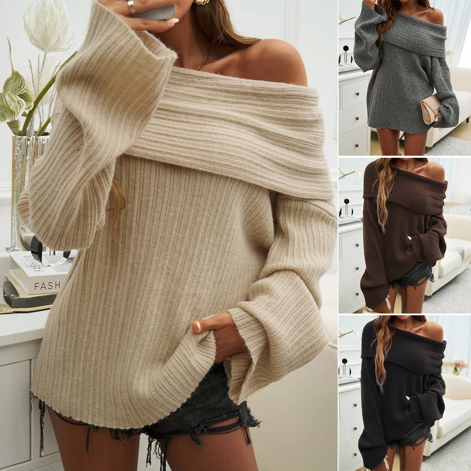 Hope & Sunshine - Wholesale Knit Sweater - Women's - Off Shoulder Solid Color Sweater1