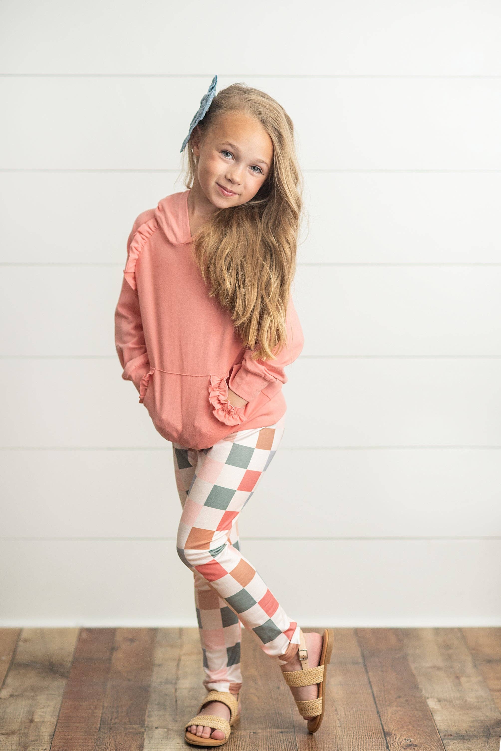 Adorable Sweetness - Wholesale Top & Leggings Set - Kids - Kids Terra Cotta Ruffle Hoodie and Check Leggings Fall Set1