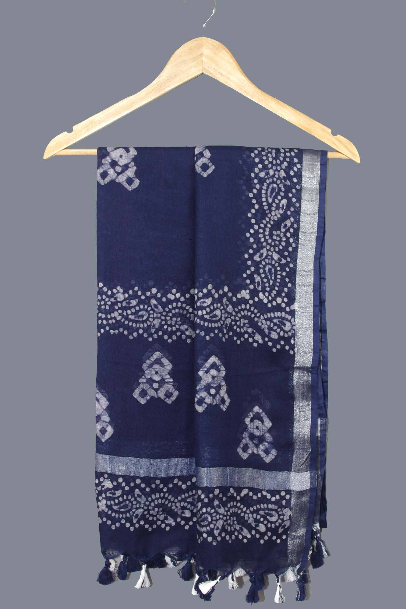 Kantha Decor – wholesale Scarf – Women's – Linen Scarf / Stole with Tussle -Royal Blue Batik Print0