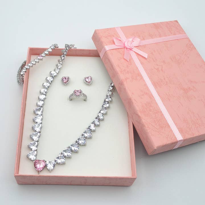 CHERIE -"THE PINK DREAM BOX" SET 4 PCS- zirconia necklace+zirconia earrings+zirconia tennis bracelet+zirconia ring for wholesale by Daemon srls