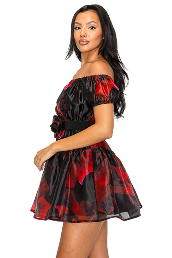 Miss Avenue - Vente Robe – femme - DM3812 ORGANZA FLORAL À ÉPAULES DÉNUDÉES AVEC ROBE CEINTURÉE3
