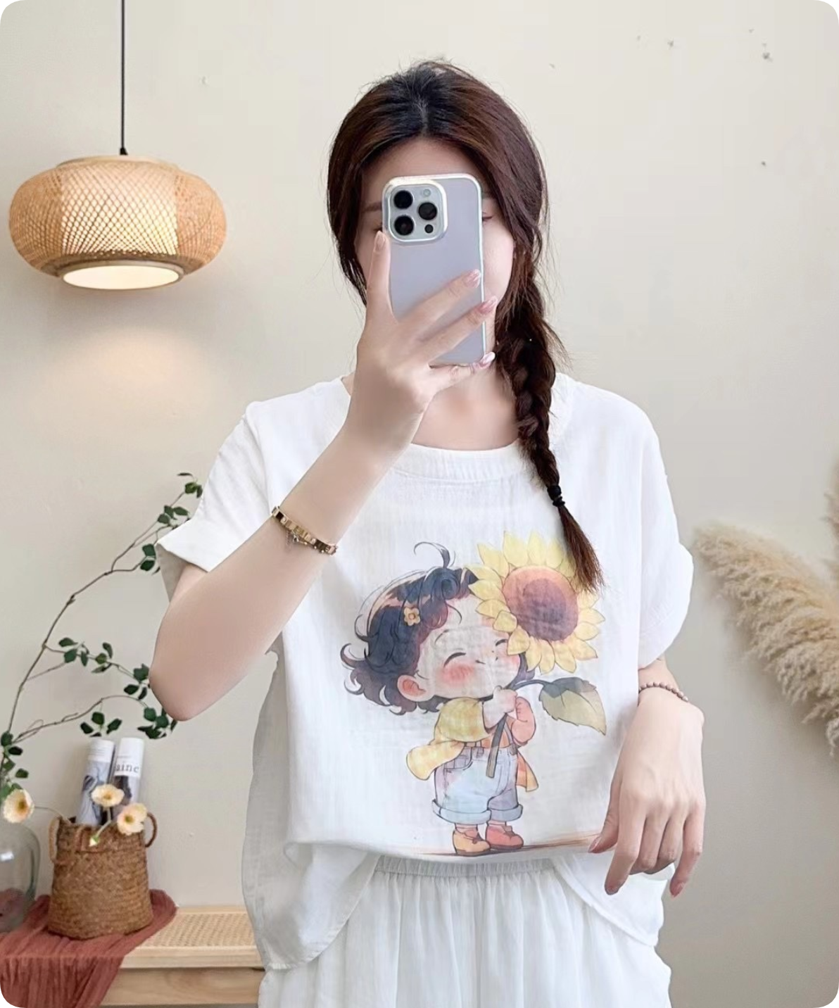 Whisper Mint – Großhandel T-Shirt mit Siebdruck – Damen – Kurzärmeliges T-Shirt aus doppellagiger Baumwolle mit Rundhalsausschnitt und floralem Druck8