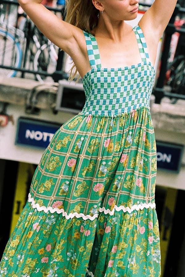 Green checkered Unique Floral Boho ric rac tiered dress for wholesale on Faire2