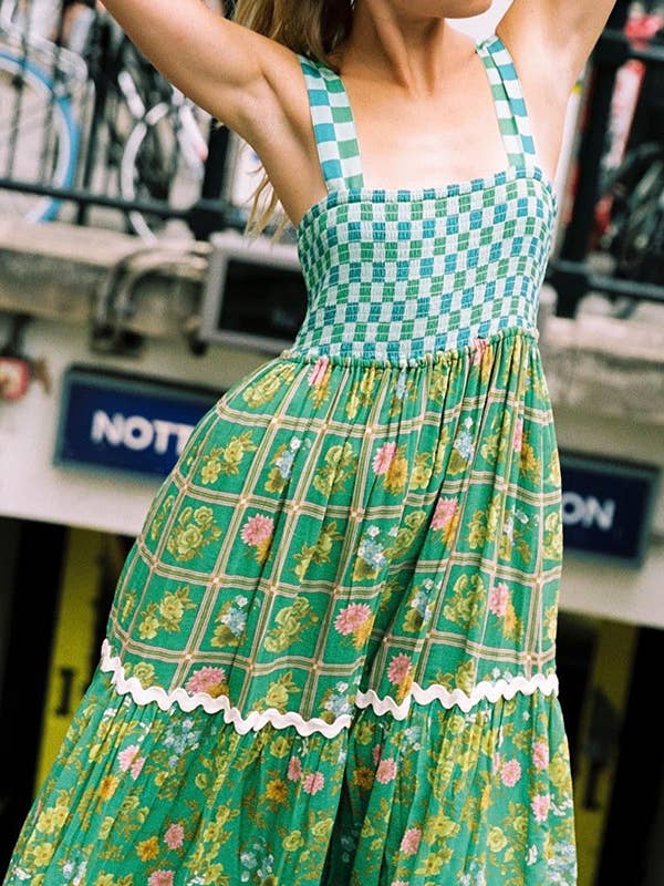 Green checkered Unique Floral Boho ric rac tiered dress for wholesale on Faire2