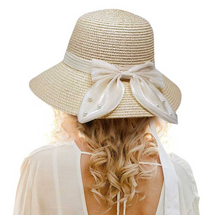 Pearl Pointed Bow Band Straw Sun Hat for wholesale by Shopping2help