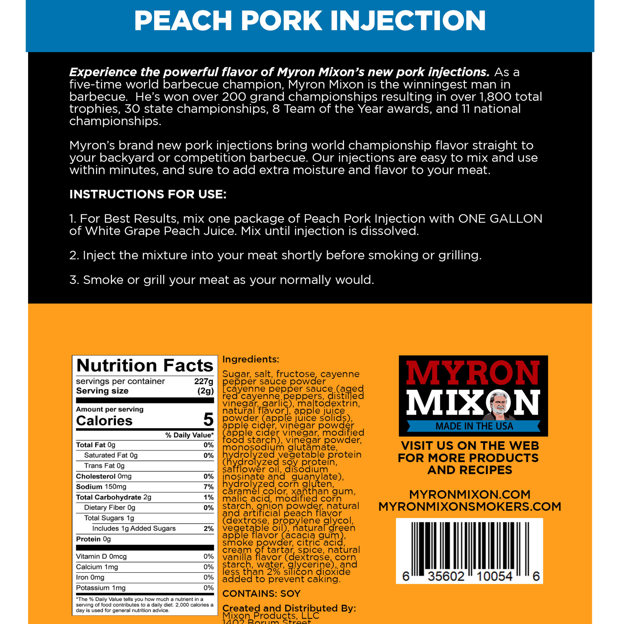 Myron Mixon Products - Wholesale BBQ Sauce - Myron Mixon Peach Pork Injection - Case of 121