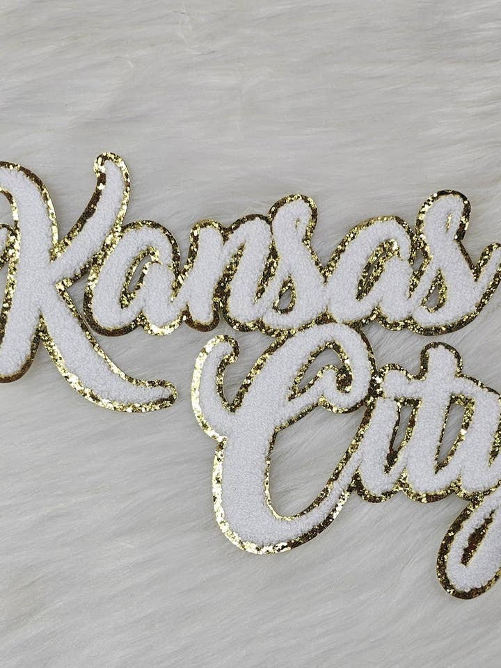 Large White Cursive Kansas City Chenille Iron-on Glitter Patch for wholesale by Scratch Decor