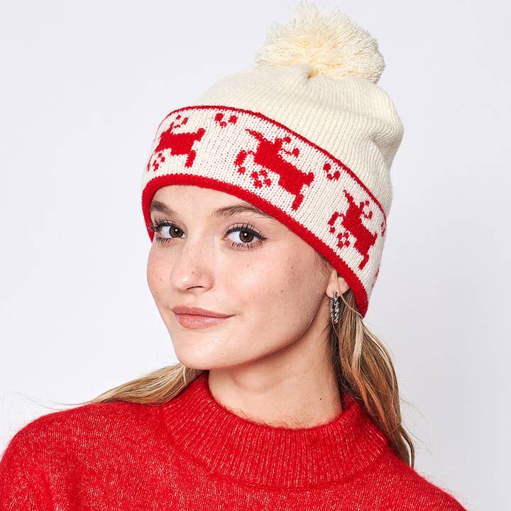 Reindeer Holiday Pom Pom Beanie Hat for wholesale by Sensibling Corp.