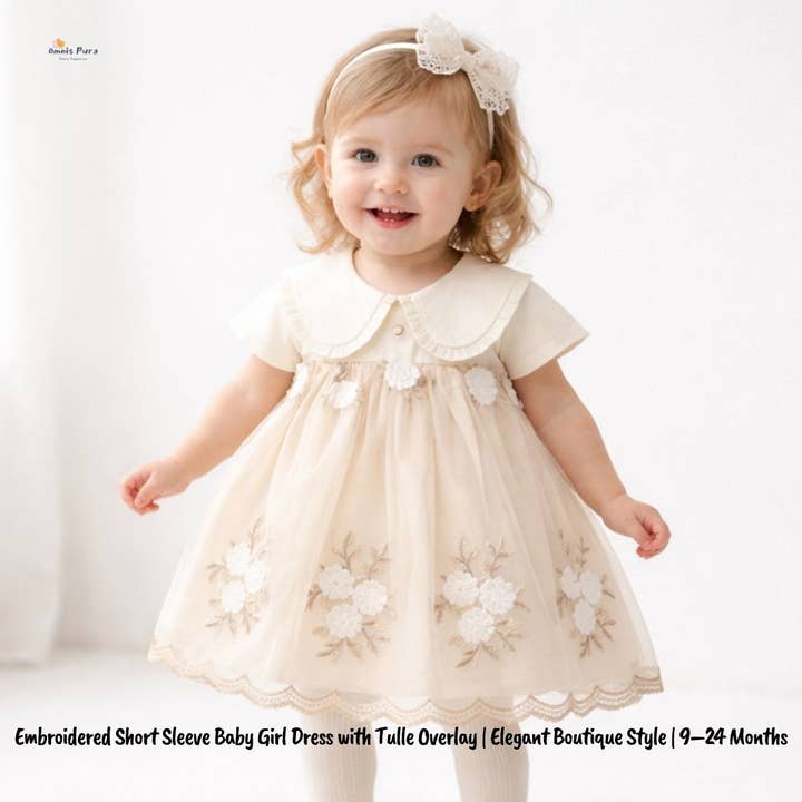 Broderad kortärmad klänning för babyflicka med tyllöverdrag för wholesale av Omnis Pura