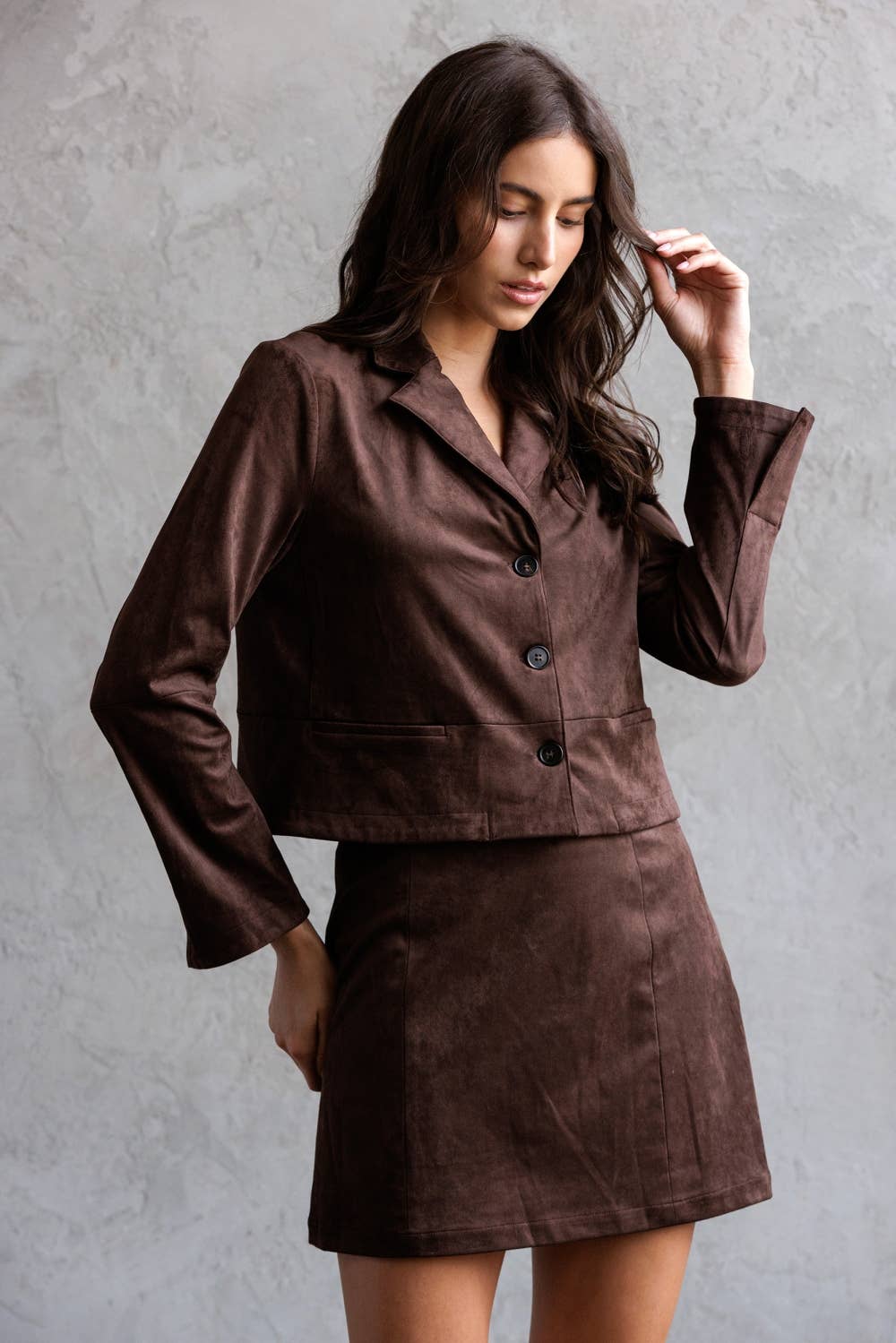 CHOCOLATE JS9161-FAUX SUEDE HIGH WAIST MINI SKIRT for wholesale on Faire5