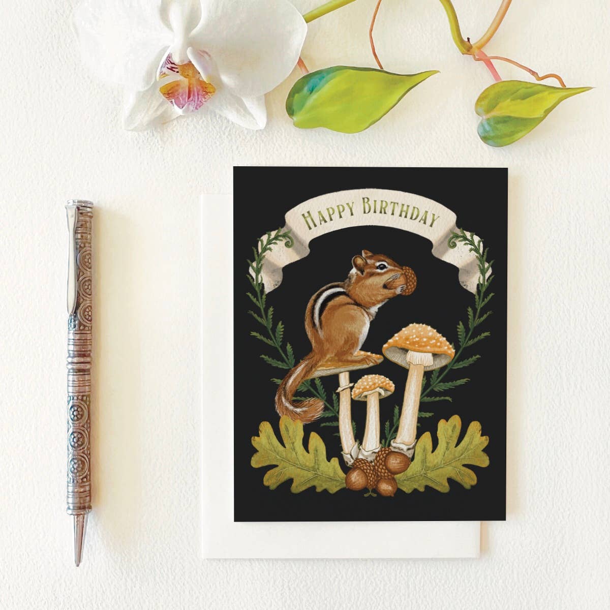 Folk Meadow - Wholesale Birthday Card - Chipmunk & Mushrooms Woodland Birthday Card1