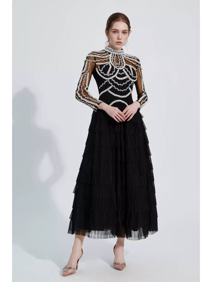 Black SY451 Luxury Handmade Beaded Dress with Fluffy Tulle Skirt for wholesale on Faire13