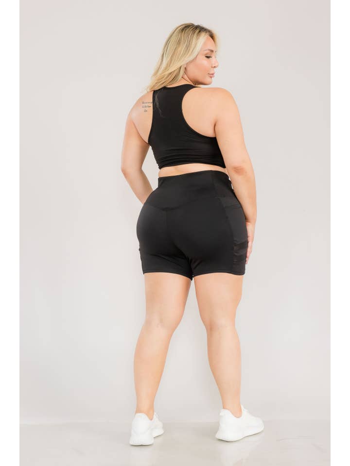 Nero Pantaloncini da motociclista a vita alta Plus Size con tasche laterali in rete in vendita all'ingrosso su Faire3