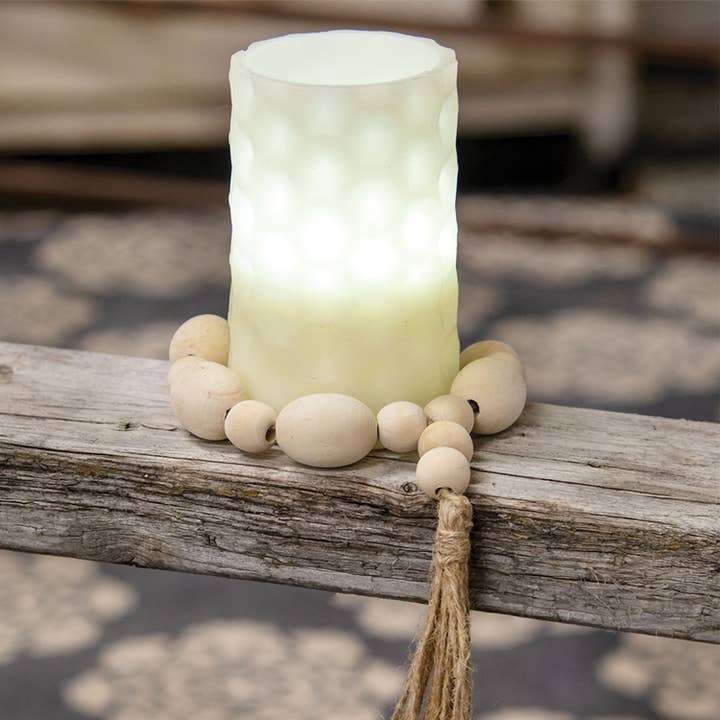 Col House Designs - Wholesale Candle Holder - Natural Wood Oval Bead Candle Ring w/Jute Tassle1