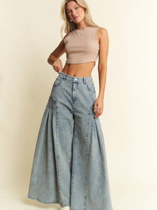 DENIM WIDE LEG FLARED PANTS for wholesale on Faire