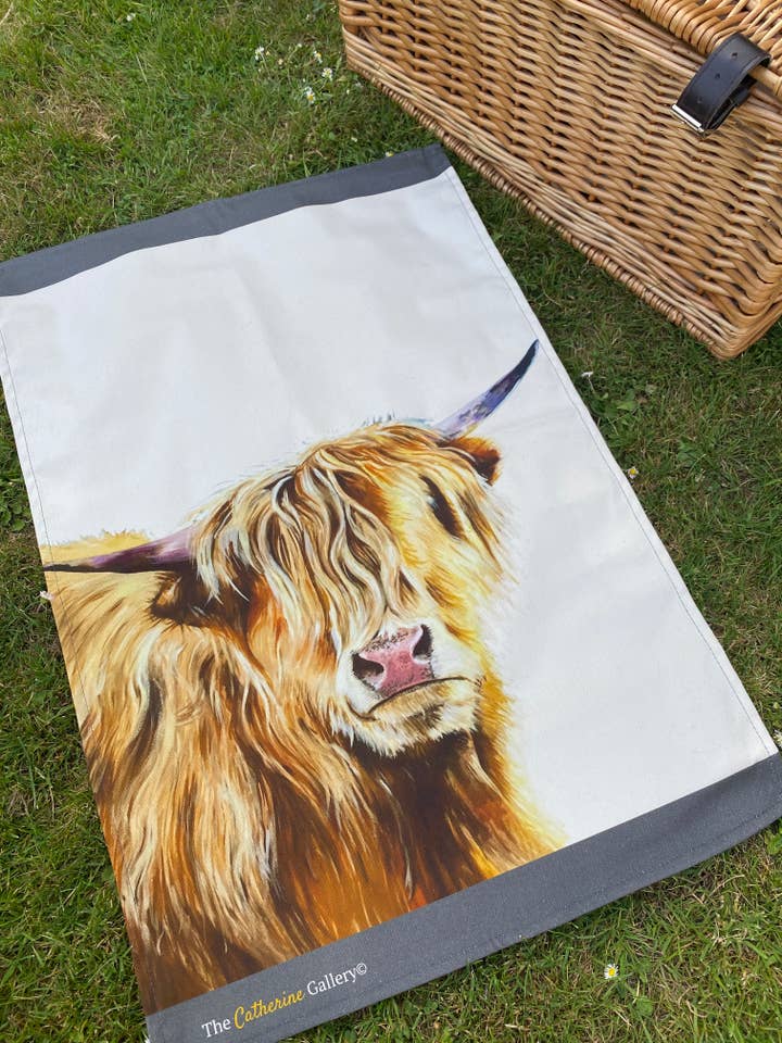 Highland Cow 'Wildside' Tea Towel for wholesale by The Catherine Gallery